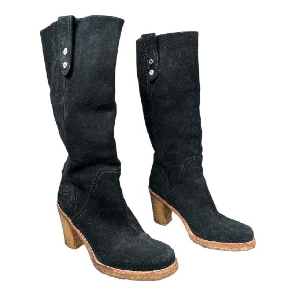 UGG Josie Convertible Tall Suede Boot Size 9 Black Round Toe Leather Block Chunk - Picture 1 of 6